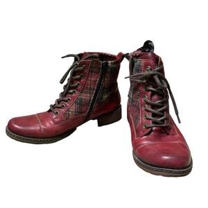 Remonte Leather Ankle Boots Wool Plaid Panels Zip Entry Lace Up EU 38 Chunky
